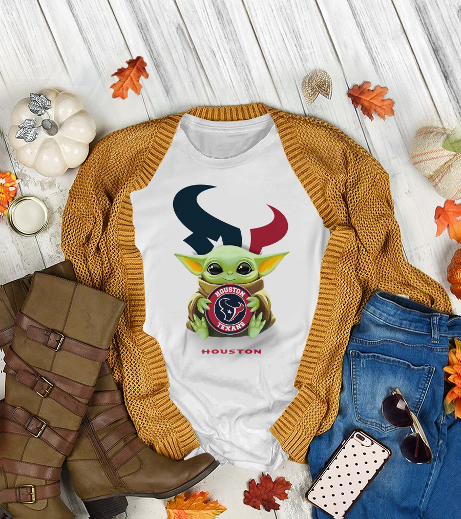 Grogu Holding Houston Texans Emblem with Oversized Logo Background T-Shirt