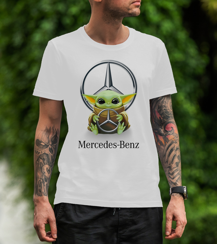 Grogu Holding Mercedes-Benz Logo In Front Of T-Shirt