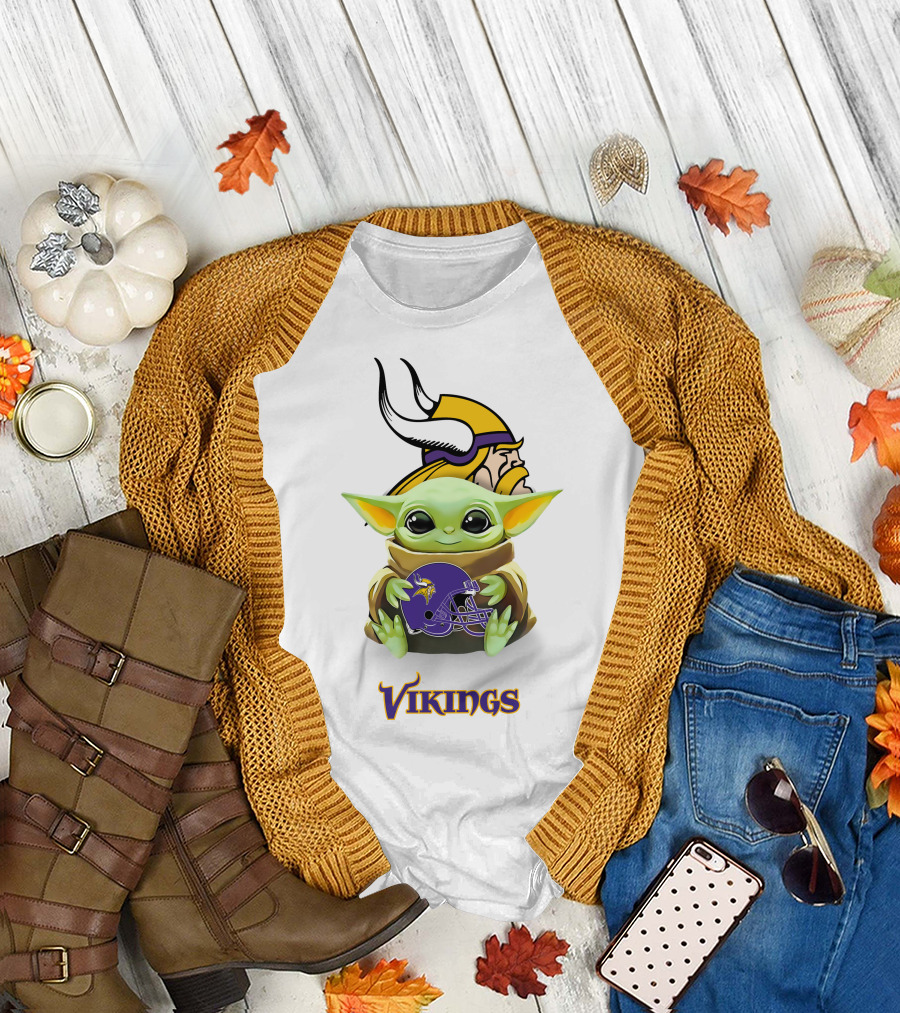 Grogu Holding Minnesota Vikings Helmet Iconic Logo Vikings T-Shirt