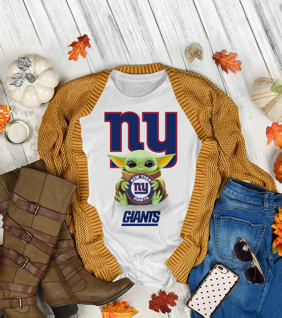 Grogu Holding New York Giants Logo with Giants Text in White T-Shirt