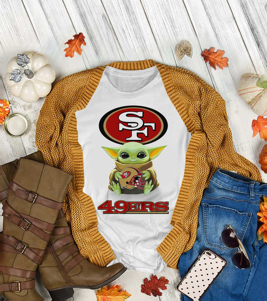 Grogu Hugging San Francisco 49ers SF Helmet Logo 49ers White T-Shirt