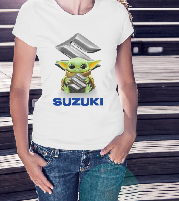 Grogu Hugging Suzuki Logo With Silver Emblem And Brown Cloak T-Shirt