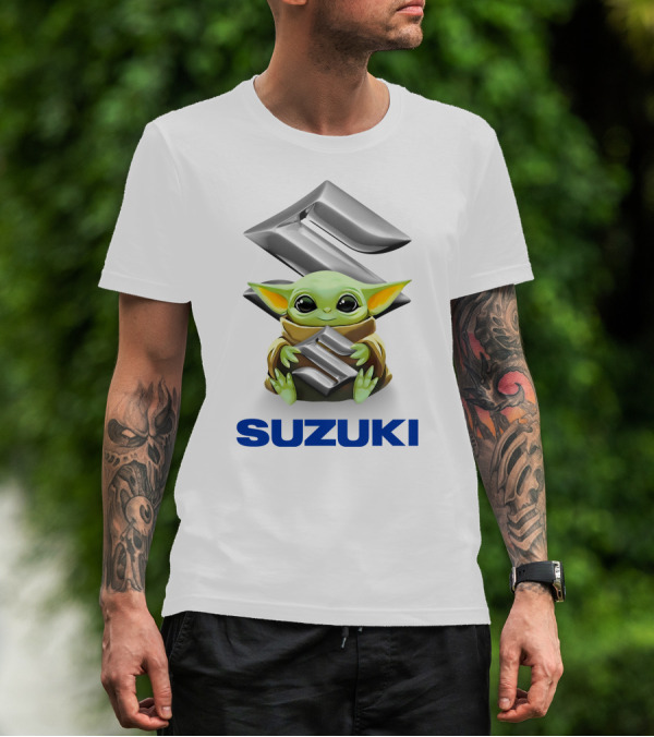 Grogu Hugging Suzuki Logo With Silver Emblem And Brown Cloak T-Shirt