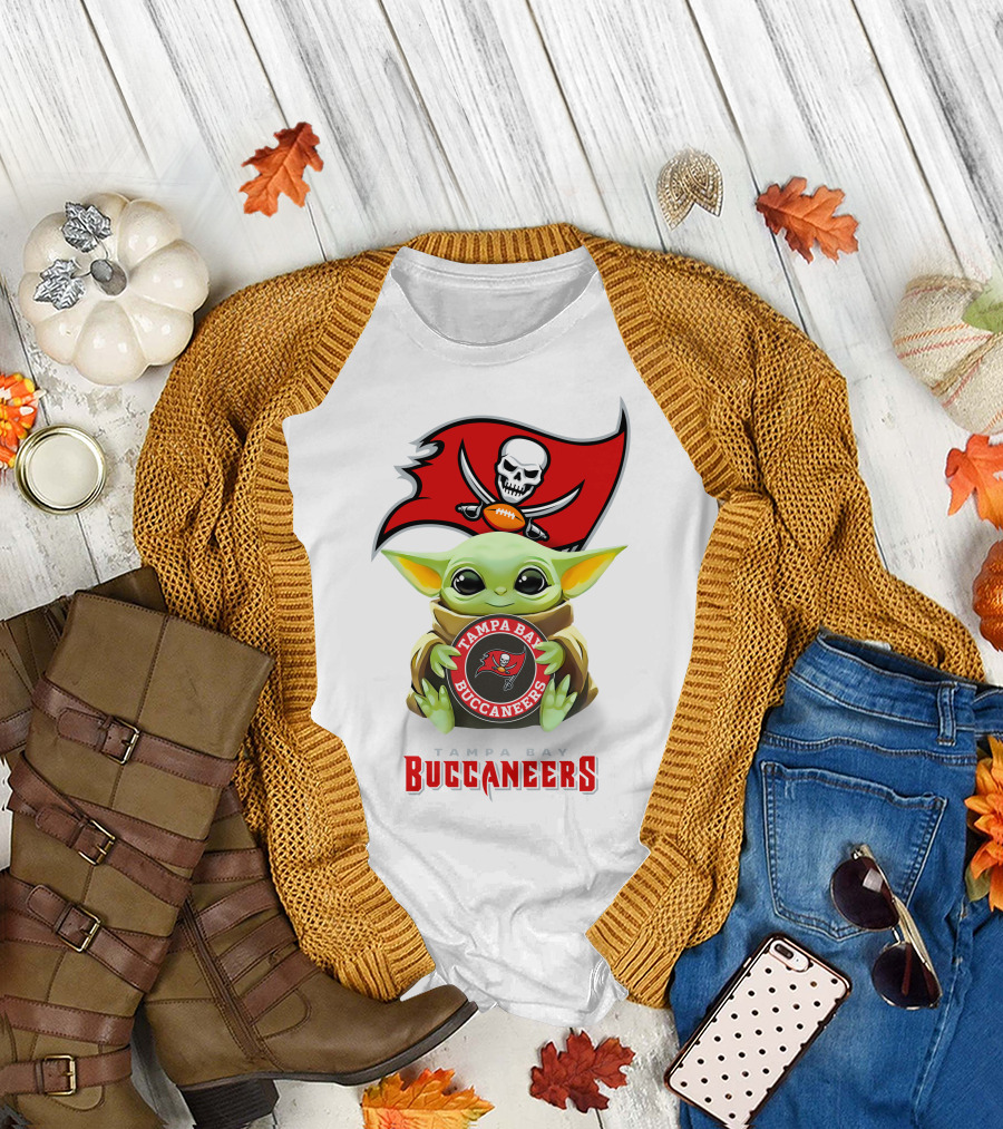Grogu Holding Tampa Bay Buccaneers Emblem with Flag T-Shirt