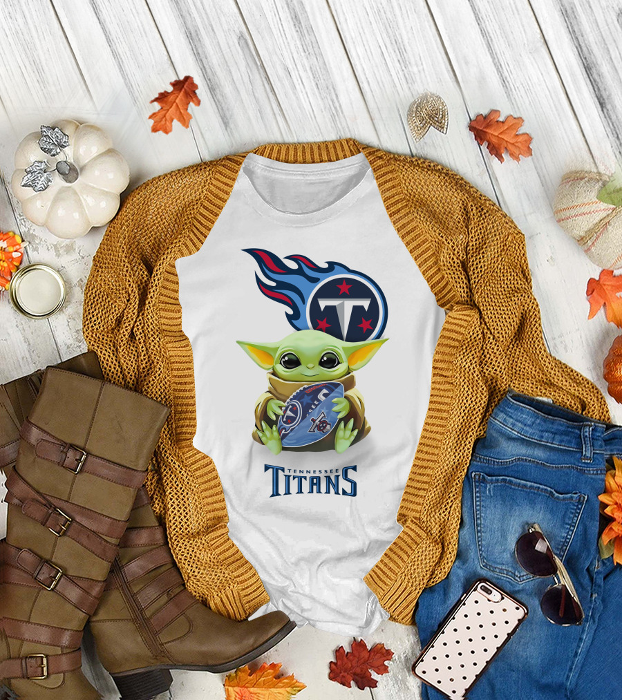 Grogu Hugging Tennessee Titans Football Logo Tailgate White T-Shirt