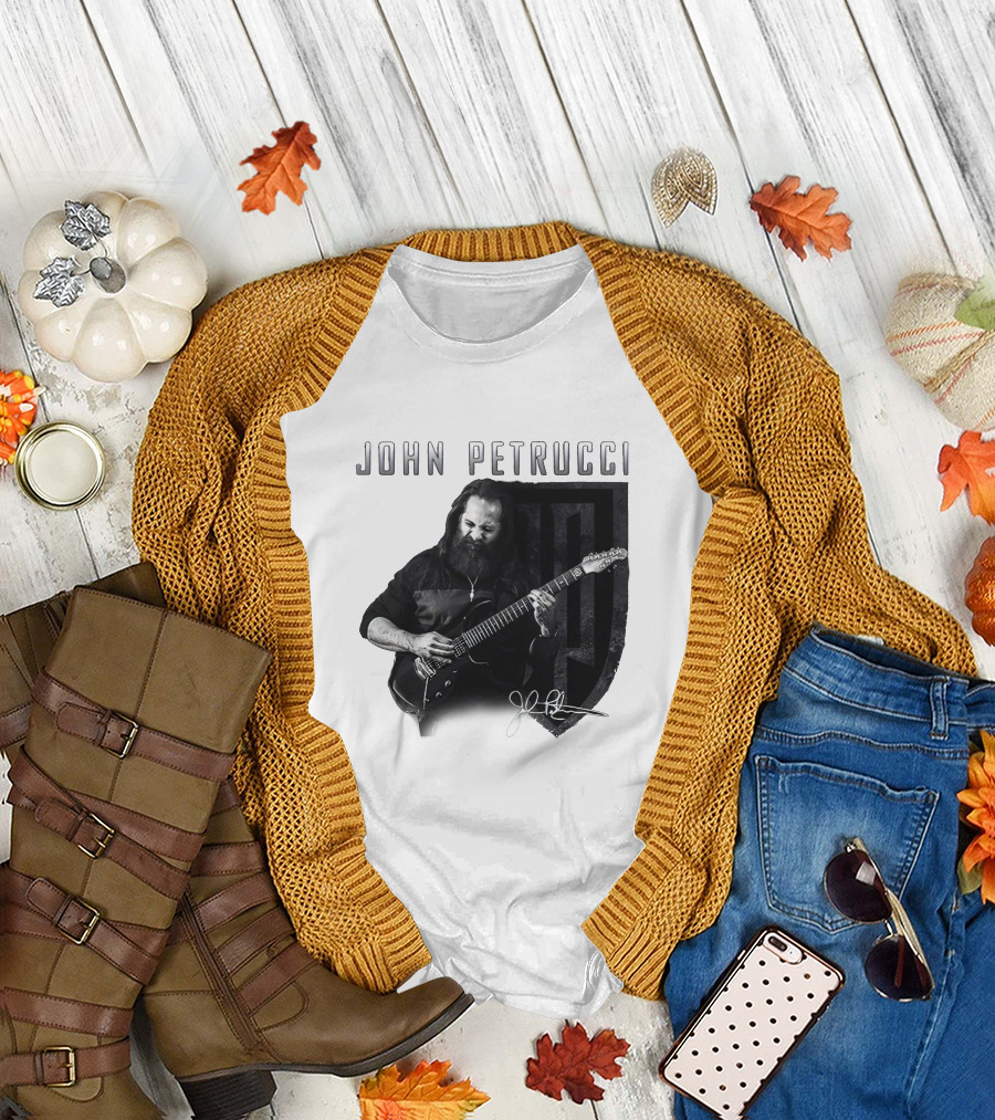 John Petrucci Guitarist Black and White Portrait with Signature T-Shirt