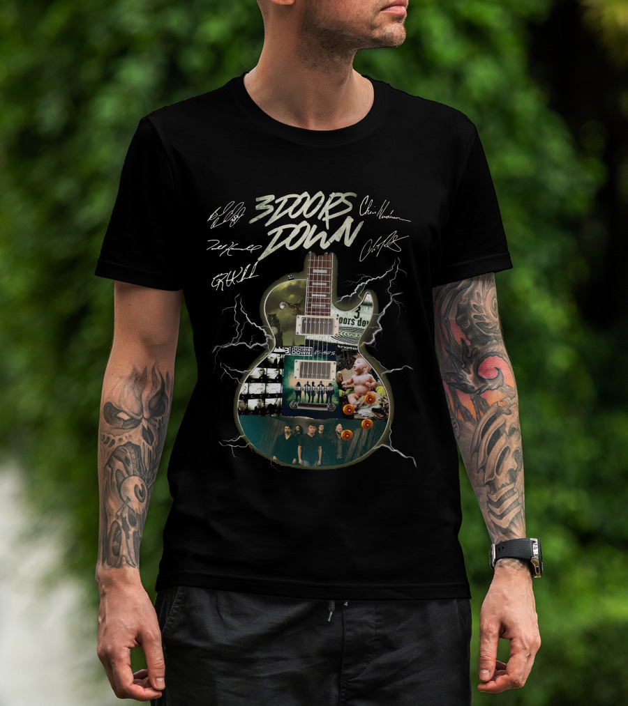 3 Doors Down Guitar Lightning Collage With Band Signatures T-Shirt