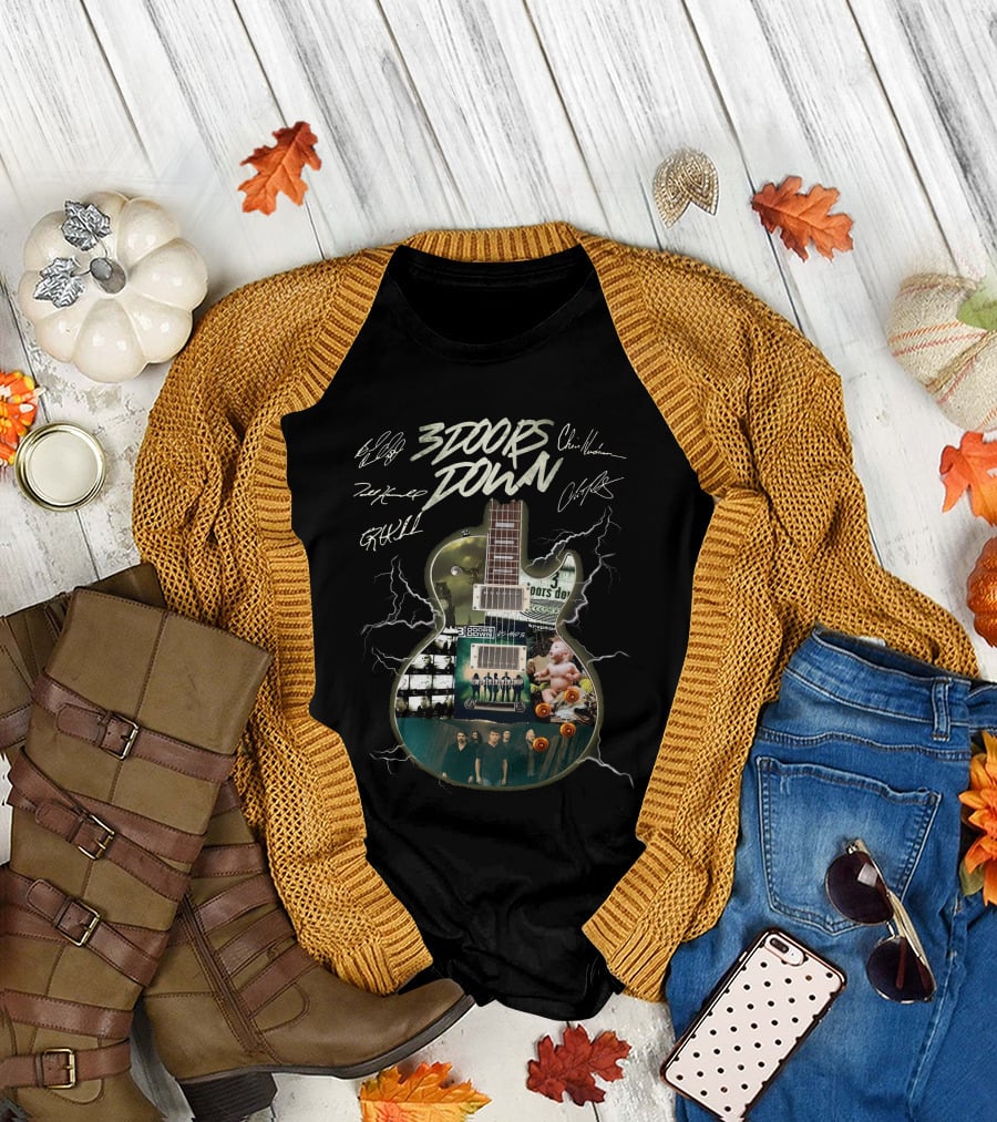 3 Doors Down Guitar Lightning Collage with Band Signatures T-Shirt