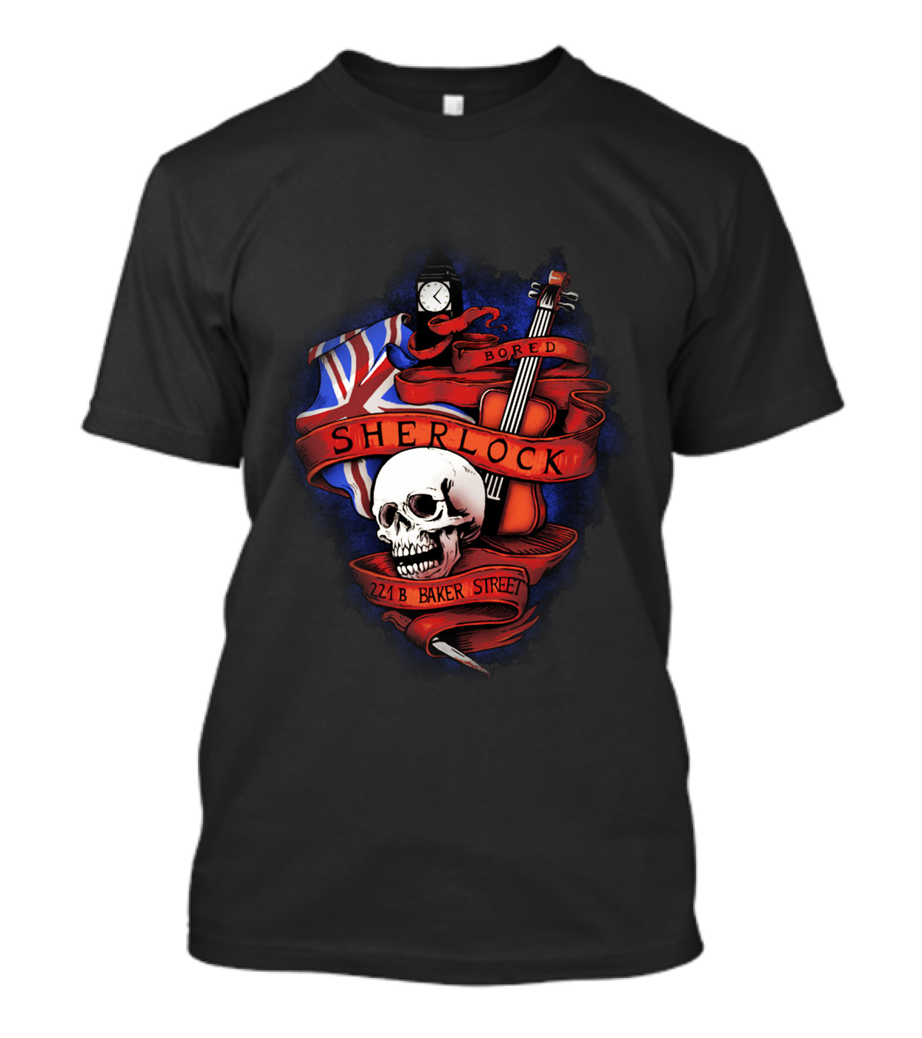 Sherlock Bored Skull Violin Union Jack 221B Baker Street T-Shirt