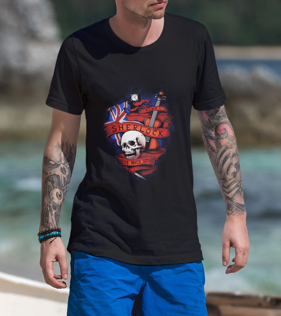 Sherlock Bored Skull Violin Union Jack 221B Baker Street T-Shirt