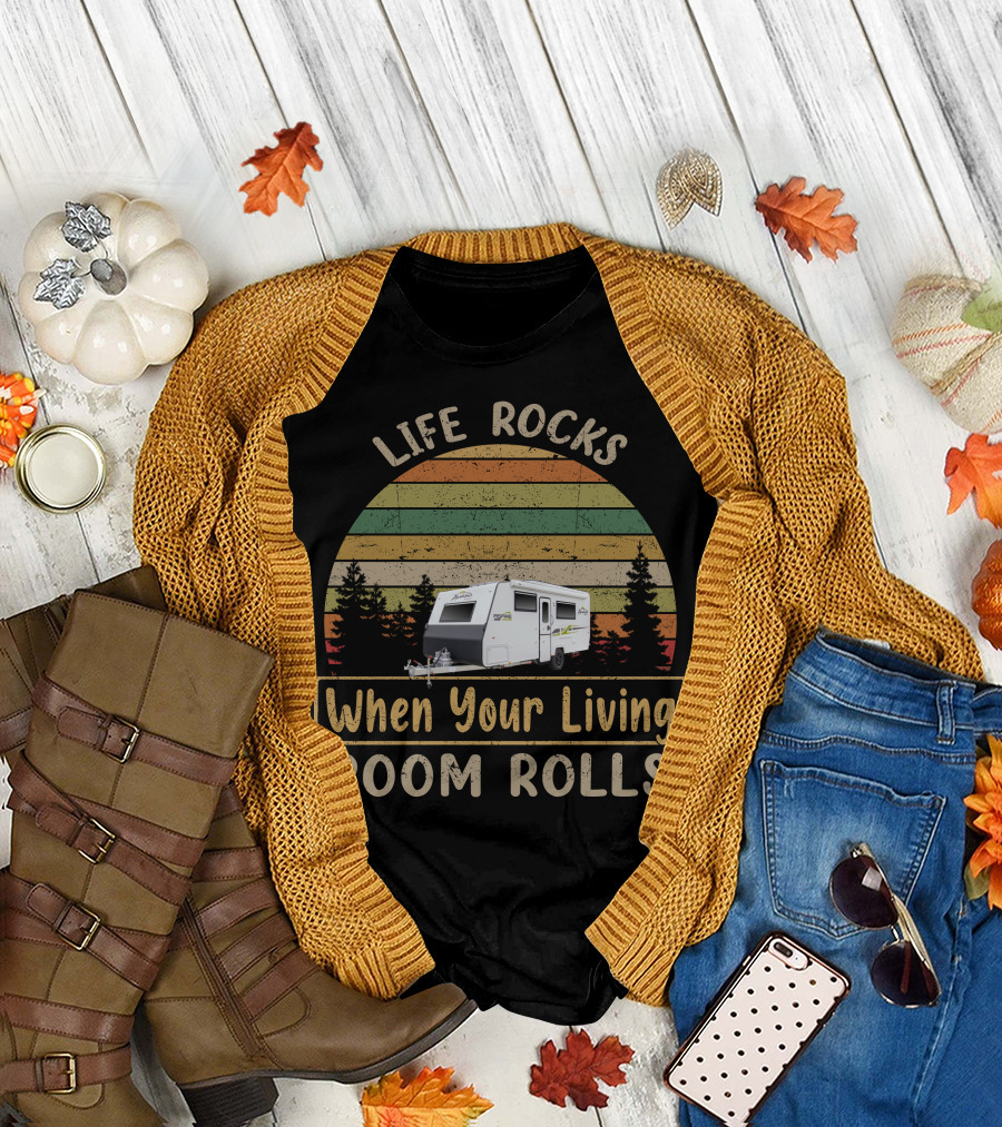 Life Rocks When Your Living Room Rolls Retro Camping Camper Vintage Trees Stripes T-Shirt