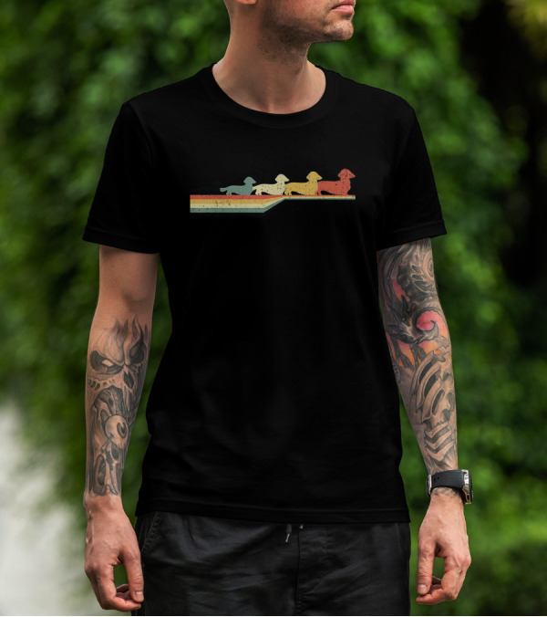 Four Colorful Dachshund Long Hair Silhouettes Retro Vintage 80s T-Shirt