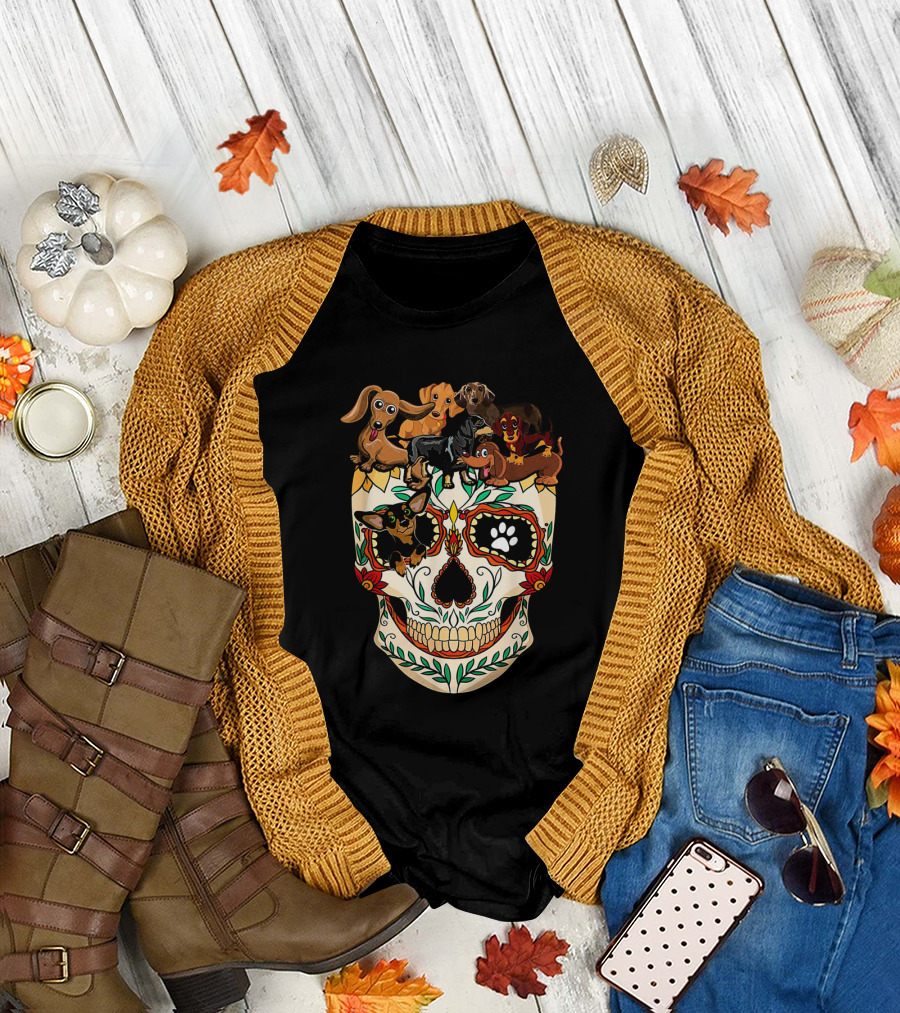 Dachshunds Sugar Skull Dog Mom Dad Funny Colorful Day of the Dead T-Shirt