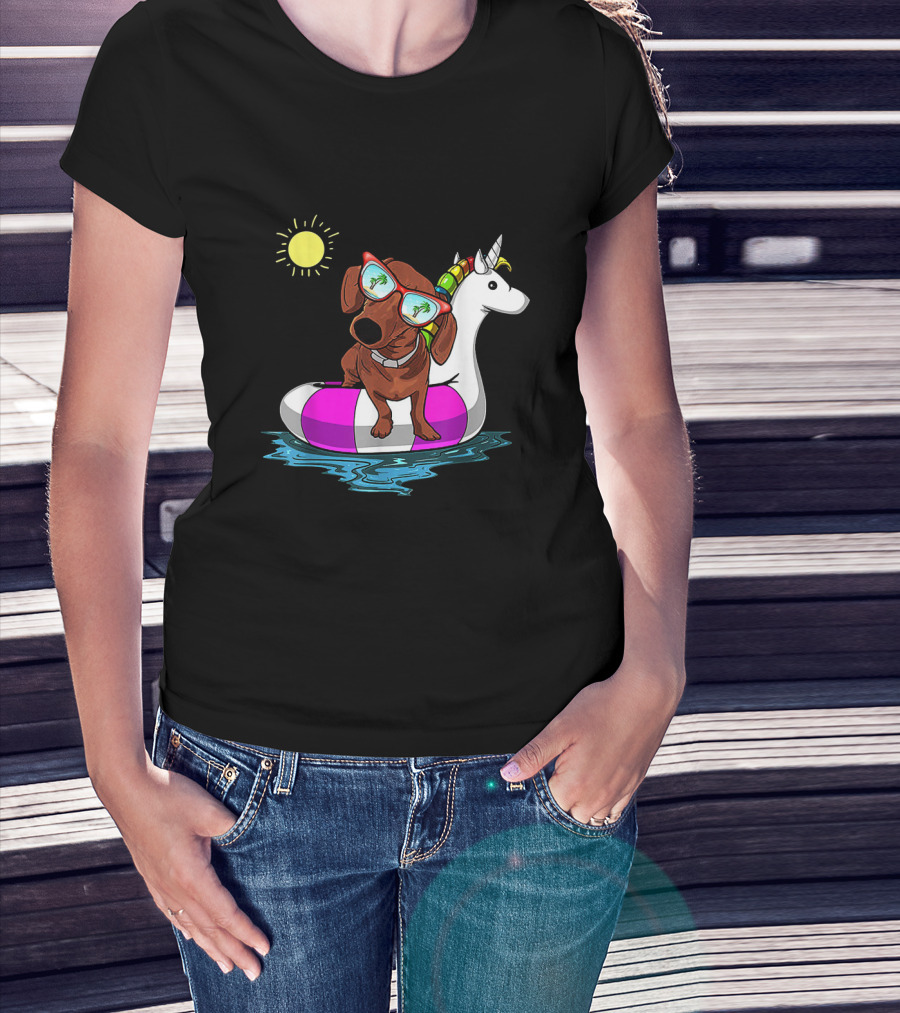 Dachshund On Unicorn Float At Summer Pool Party With Sunglasses And Sun T-Shirt