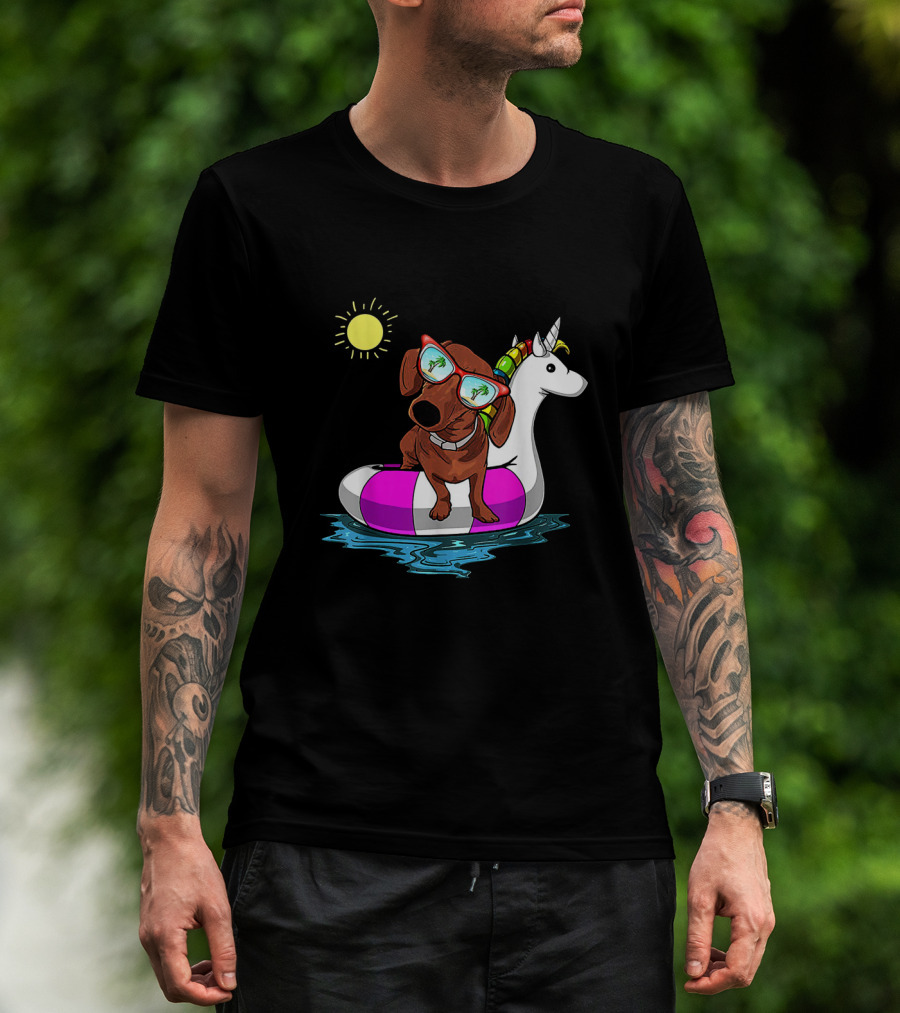 Dachshund On Unicorn Float At Summer Pool Party With Sunglasses And Sun T-Shirt