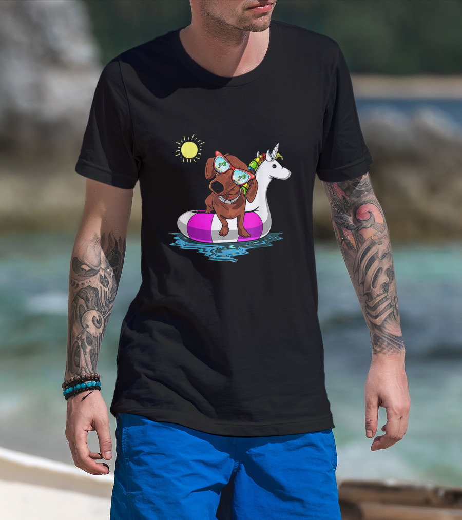 Dachshund On Unicorn Float At Summer Pool Party With Sunglasses And Sun T-Shirt