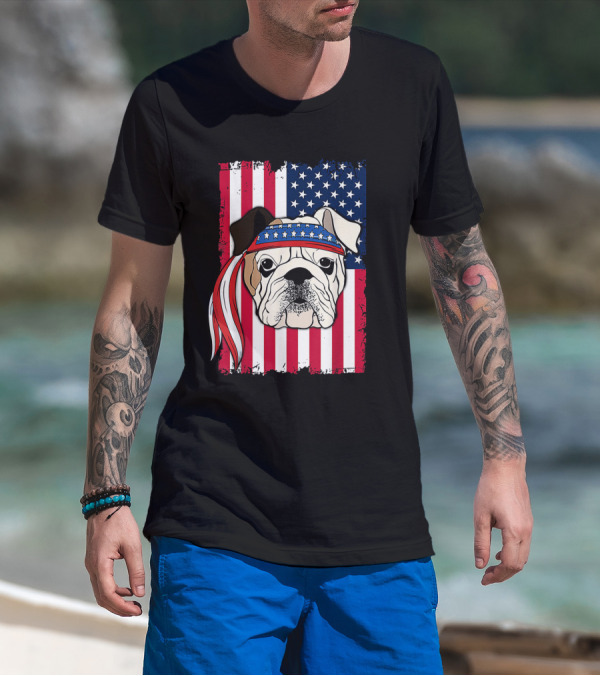 Patriotic Bulldog Wearing Bandana With American Flag Background T-Shirt
