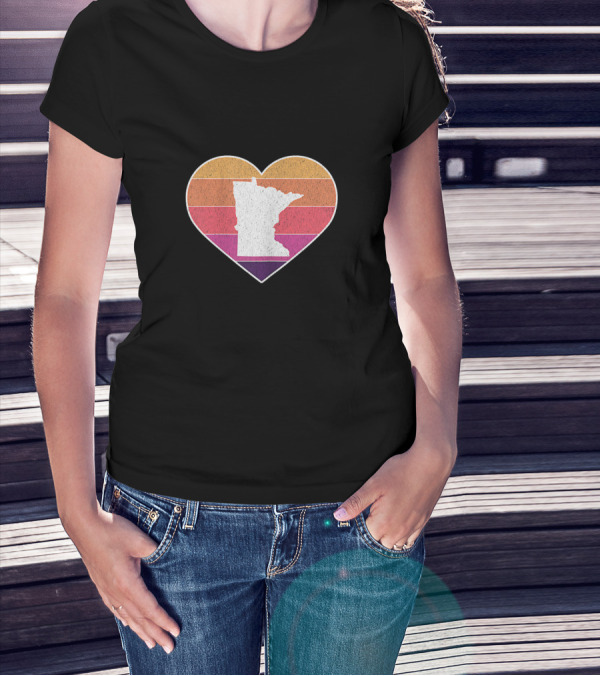 Minnesota Love Heart With State Silhouette On Vintage Stripes T-Shirt