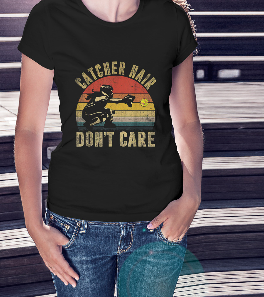 Catcher Hair Don't Care Retro Softball Catcher Girls T-Shirt