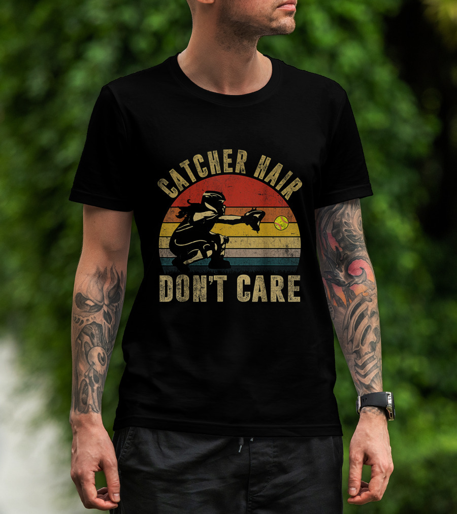 Catcher Hair Don't Care Retro Softball Catcher Girls T-Shirt