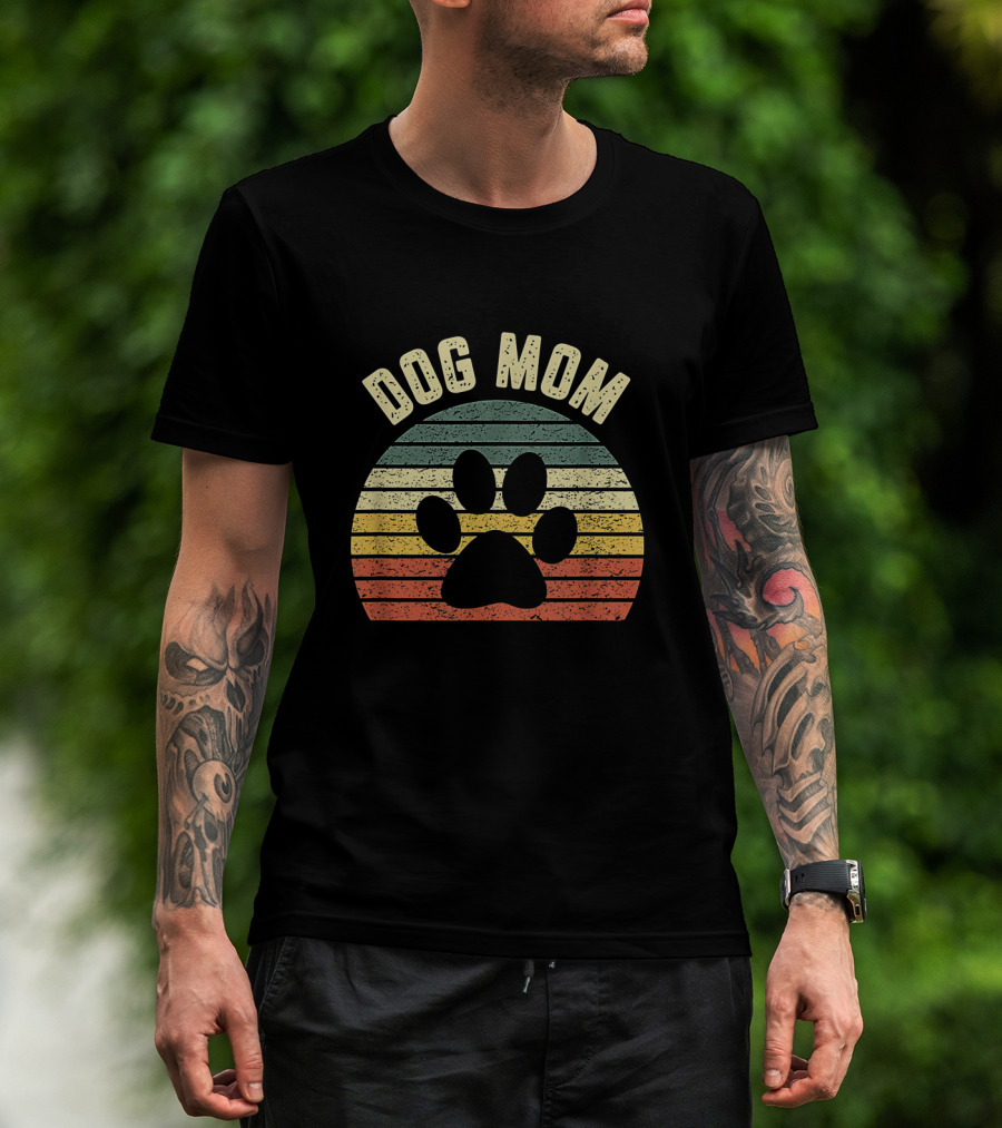 Dog Mom Vintage Striped Paw Prints T-Shirt
