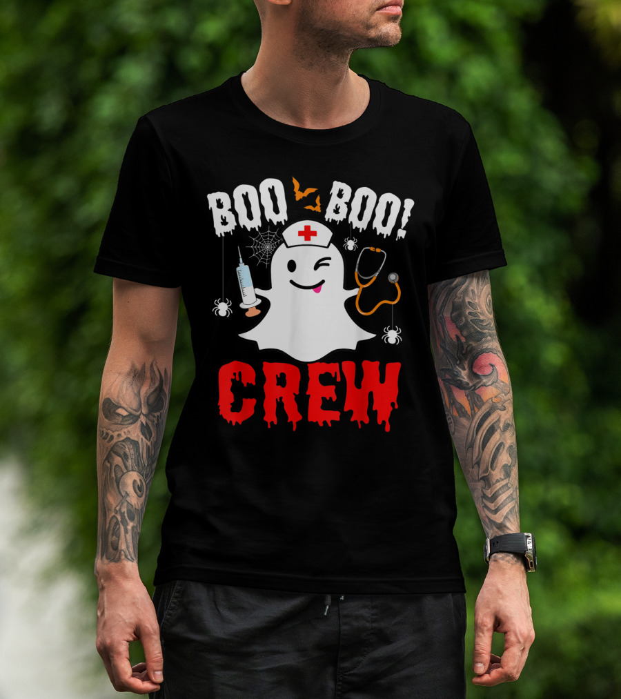 Boo Boo Crew Nurse Ghost Halloween Spiders Bats Stethoscope T-Shirt