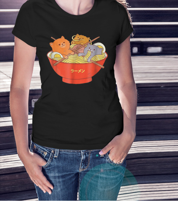 Kawaii Anime Cat Ramen Noodles In Red Bowl With Japanese Text T-Shirt