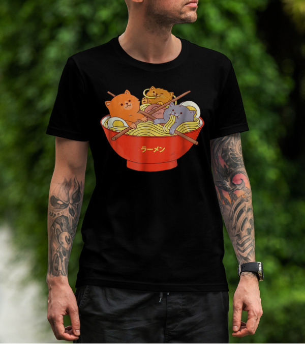 Kawaii Anime Cat Ramen Noodles In Red Bowl With Japanese Text T-Shirt