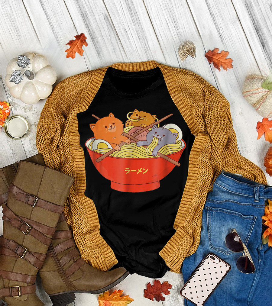 Kawaii Anime Cat Ramen Noodles in Red Bowl with Japanese Text T-Shirt