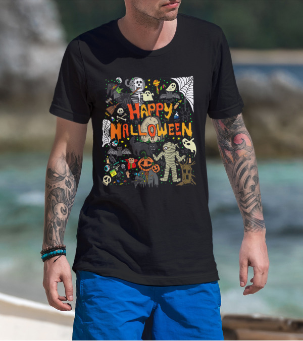 Happy Halloween Scary Mummy Ghost Witch Pumpkin Bat Skull Spiderweb T-Shirt