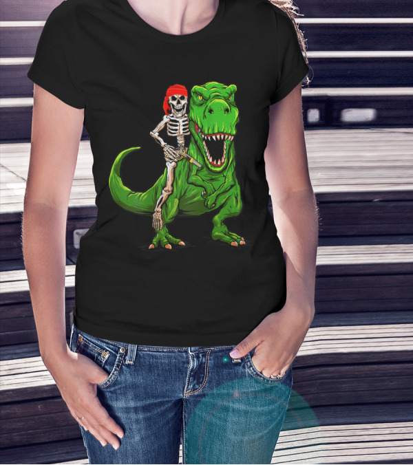 Pirate Skeleton Riding Rex Dinosaur With Red Bandana T-Shirt