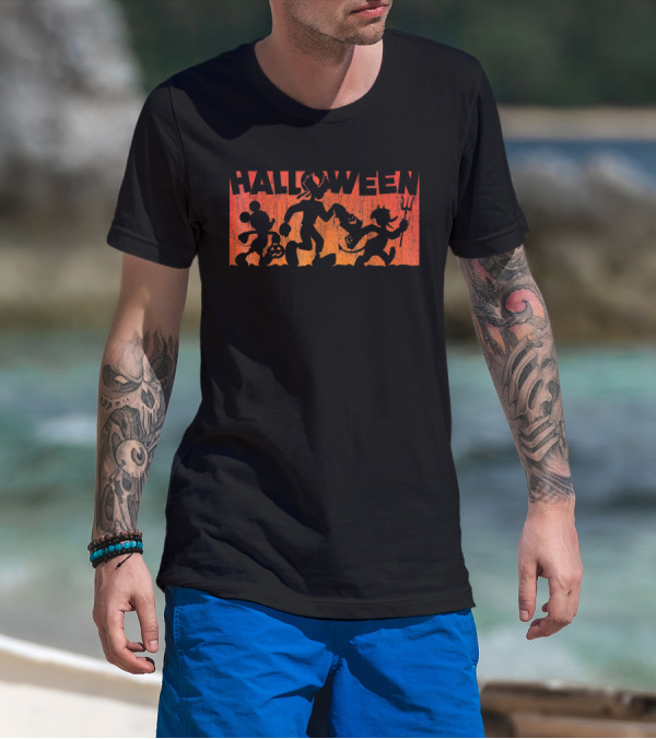 Mickey Mouse Silhouette Halloween Walk With Friends In Costume Parade T-Shirt