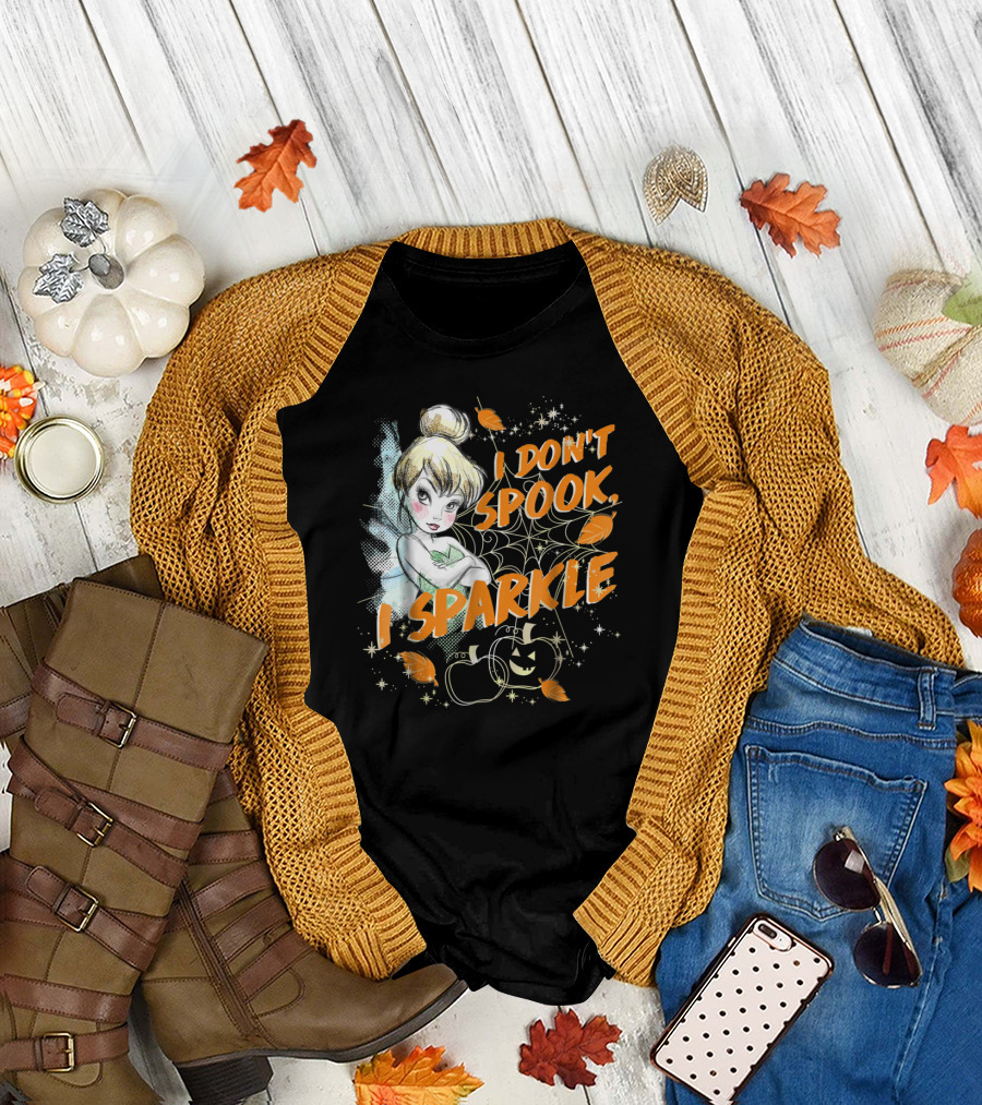 Tinkerbell I Don't Spook I Sparkle Halloween Pumpkin Leaves T-Shirt