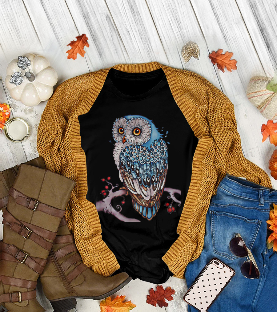 Luminous Blue Owl on Branch with Red Berries - Owl for You T-Shirt
