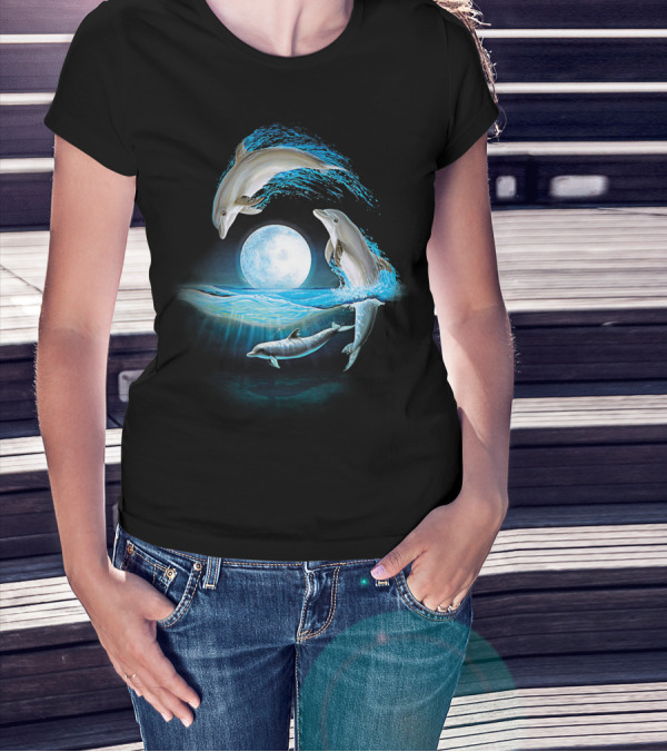Full Moon Dolphin Leap Ocean Waves T-Shirt