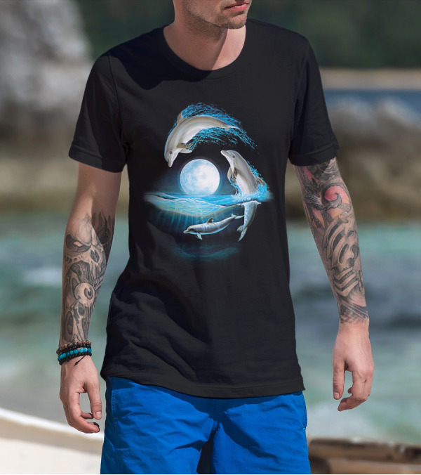 Full Moon Dolphin Leap Ocean Waves T-Shirt