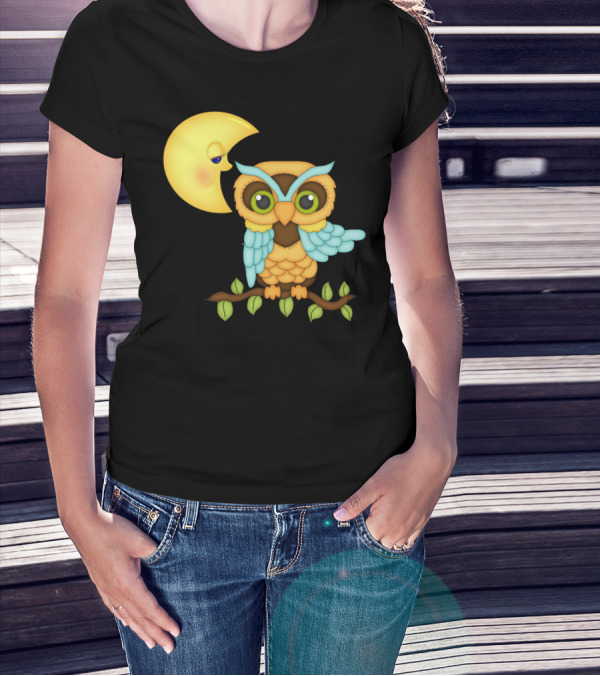 Owl Sitting On Branch With Smiling Crescent Moon T-Shirt