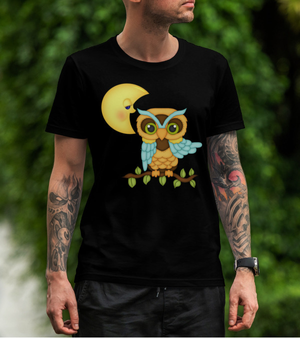 Owl Sitting On Branch With Smiling Crescent Moon T-Shirt
