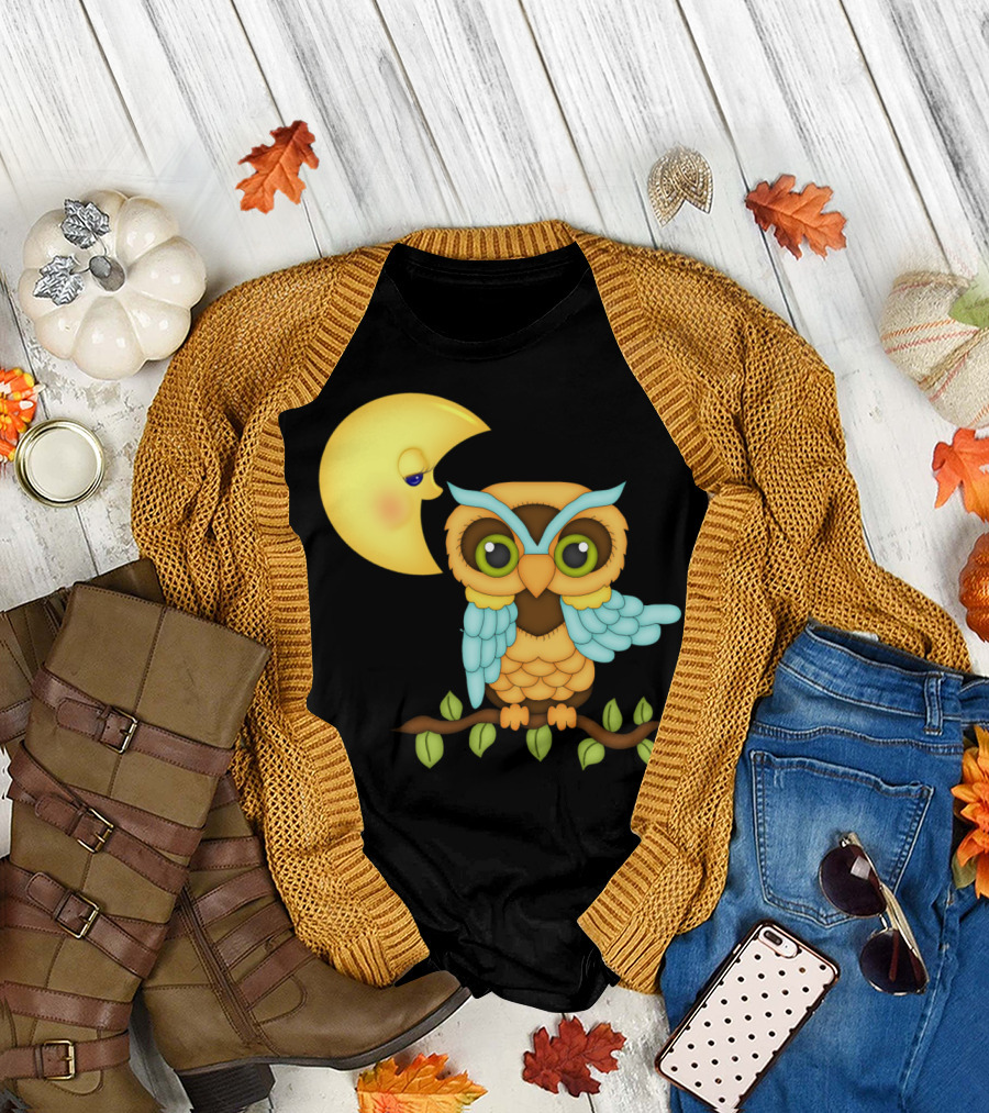 Owl Sitting on Branch with Smiling Crescent Moon T-Shirt