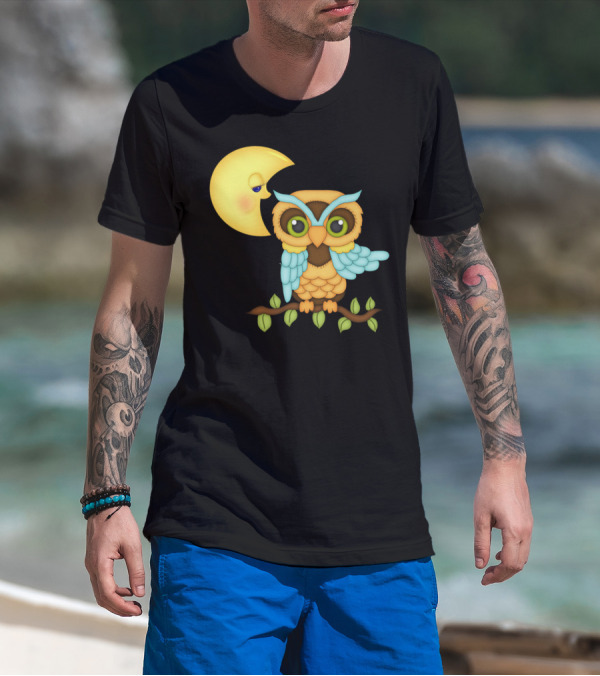 Owl Sitting On Branch With Smiling Crescent Moon T-Shirt