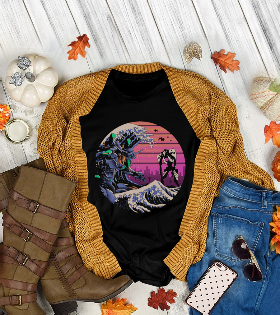 Neon Genesis Evangelion Retro Wave Style Giant Mecha Ocean Scene T-Shirt