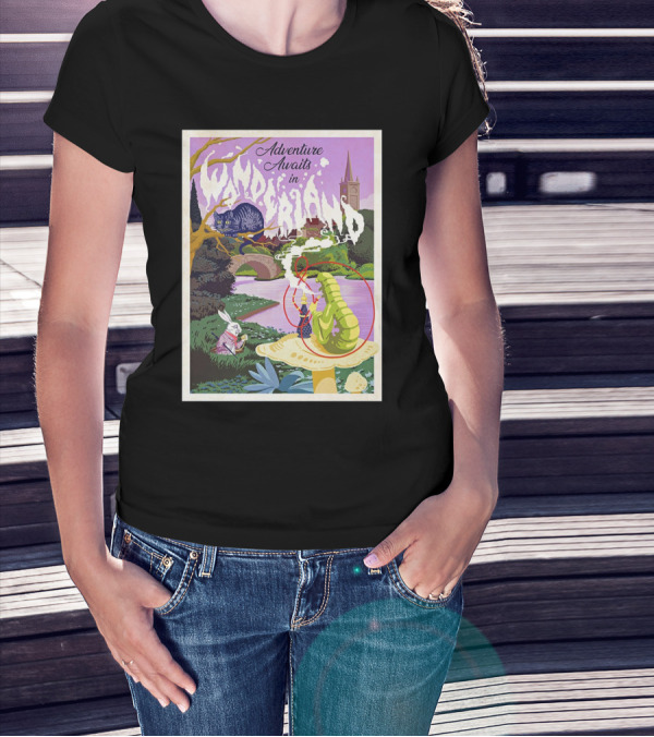 Adventure Awaits In Wonderland Cheshire Cat And Caterpillar Scene T-Shirt