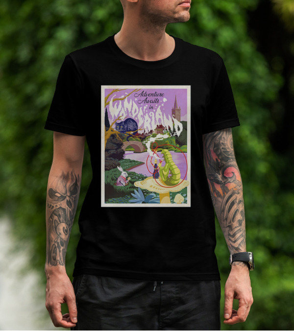 Adventure Awaits In Wonderland Cheshire Cat And Caterpillar Scene T-Shirt
