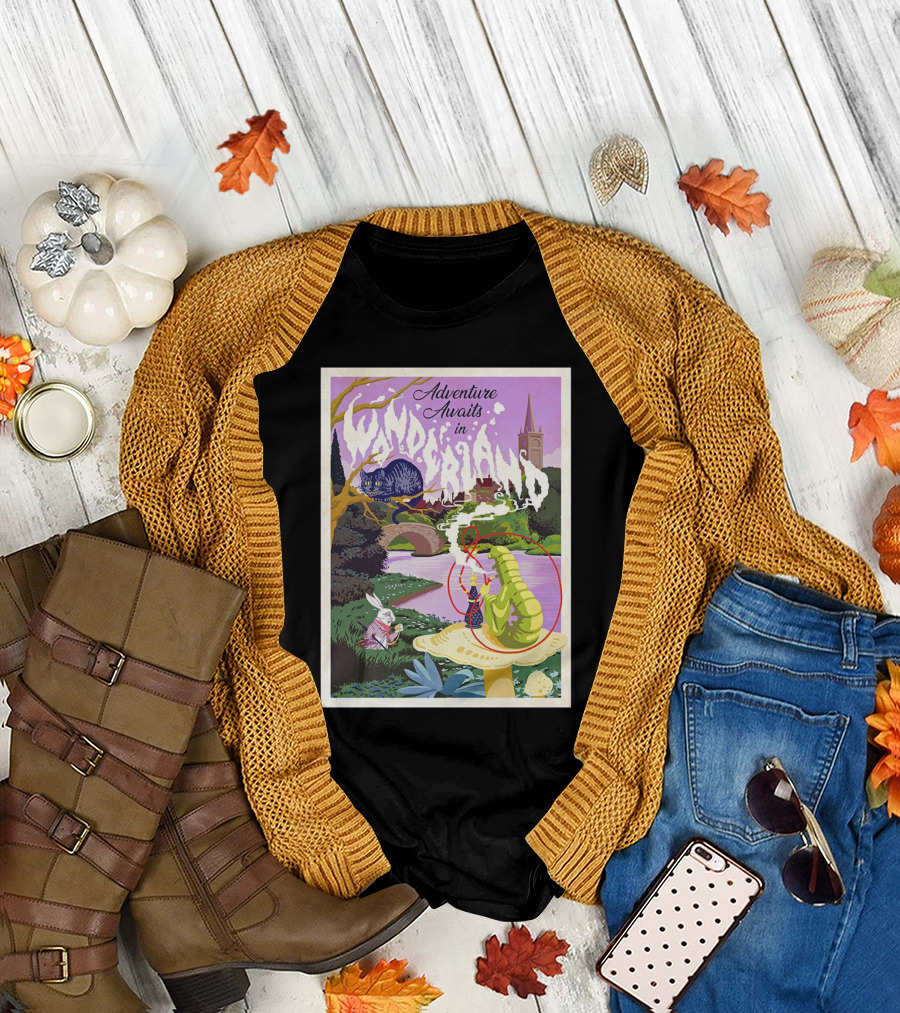 Adventure Awaits in Wonderland Cheshire Cat and Caterpillar Scene T-Shirt