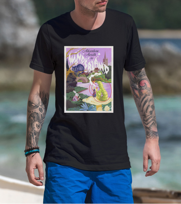 Adventure Awaits In Wonderland Cheshire Cat And Caterpillar Scene T-Shirt