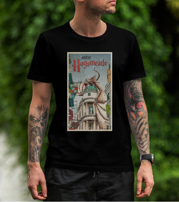 Hogsmeade Shopping Adventure With Snowy Streets And Dragon-Guarded Shops T-Shirt