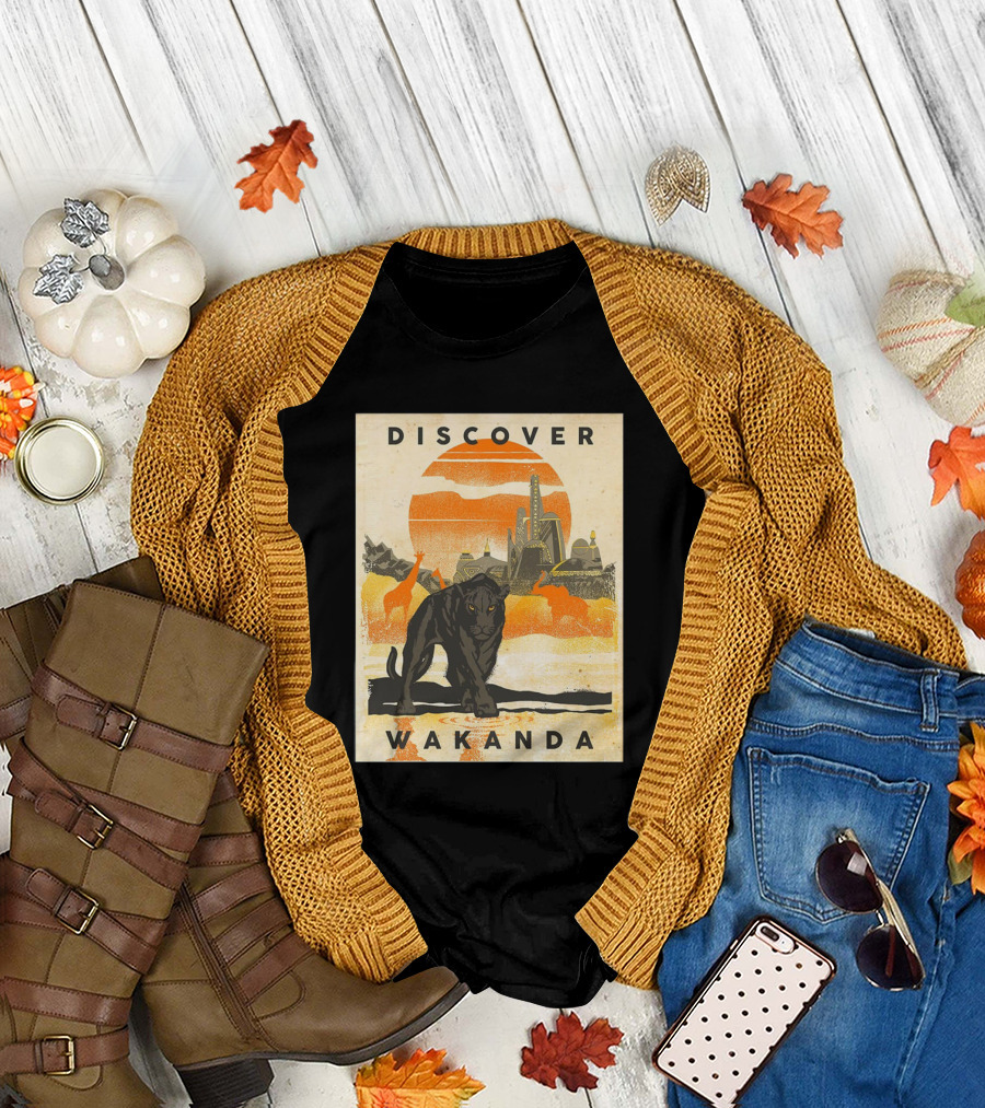 Discover Wakanda Panther and Futuristic Cityscape with Sunset T-Shirt