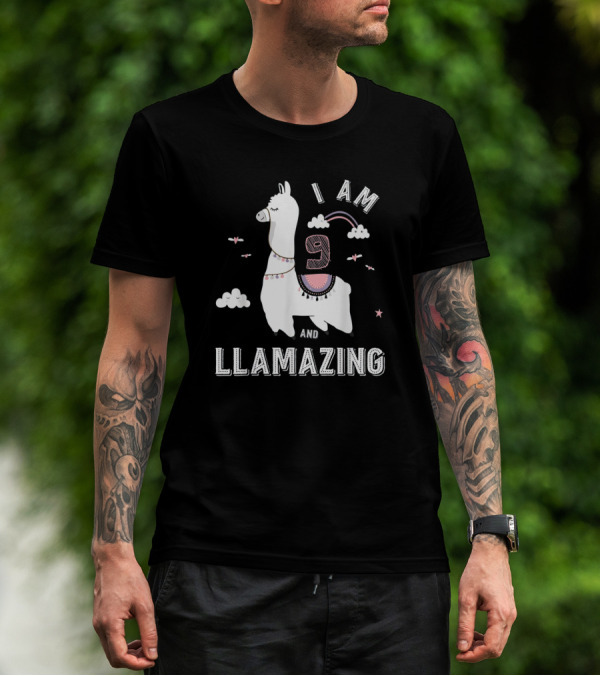 I Am 9 And Llamazing Funny Llama Cloud Birthday T-Shirt