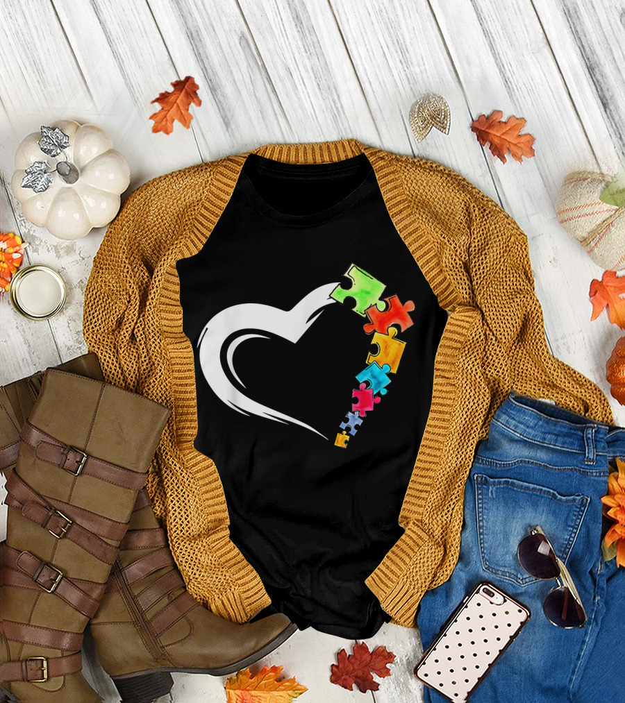 Autism Awareness Heart and Colorful Puzzle Pieces Love Kind T-Shirt
