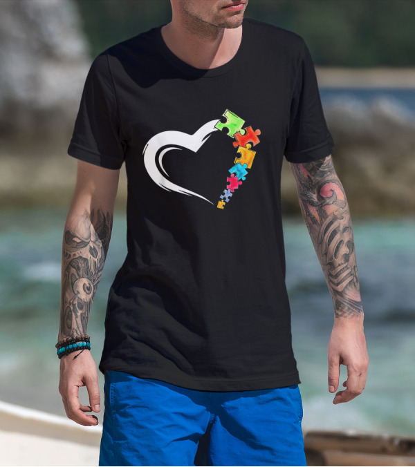 Autism Awareness Heart And Colorful Puzzle Pieces Love Kind T-Shirt